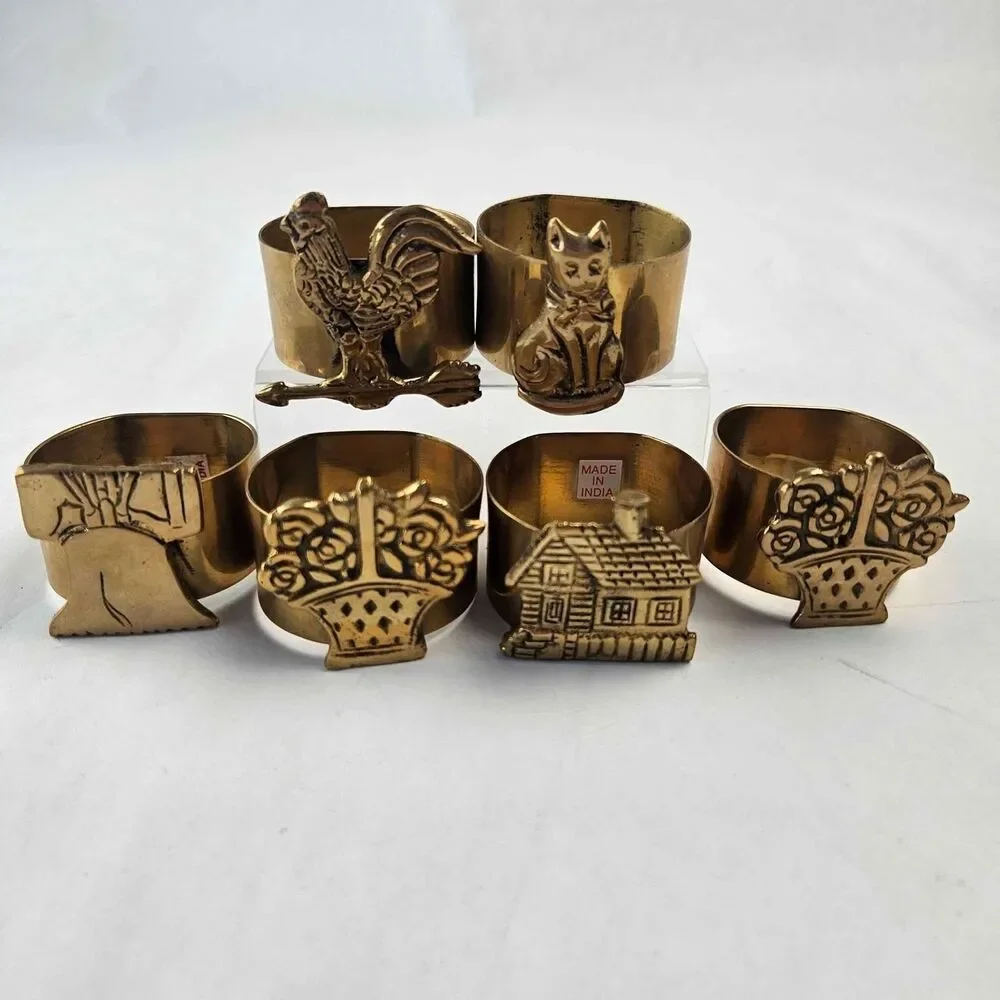 Vintage Brass Napkin Rings Set of 7 India Animal Floral Cottage Farmhouse Decor